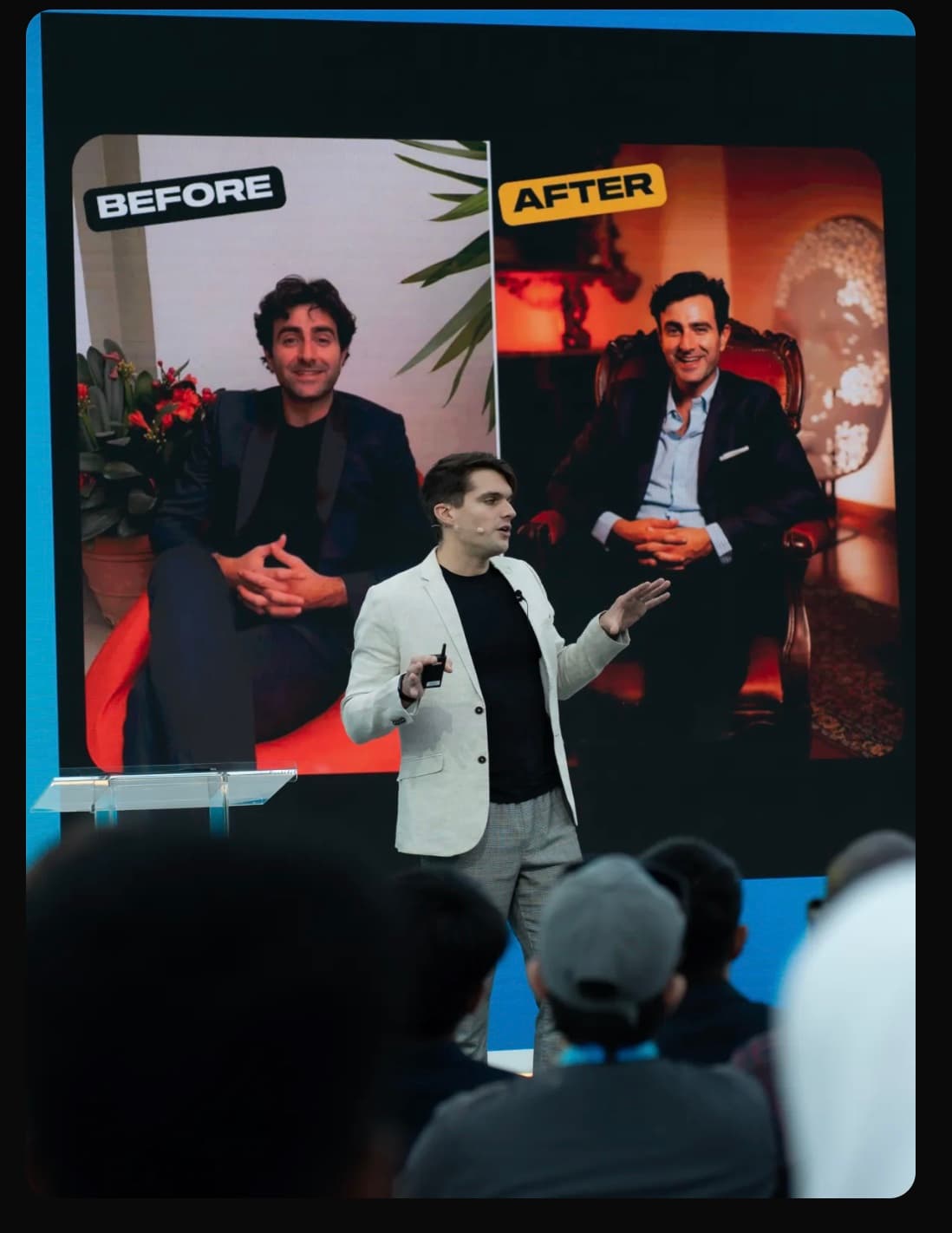 Simone Ferretti teaching the AI content system live on stage